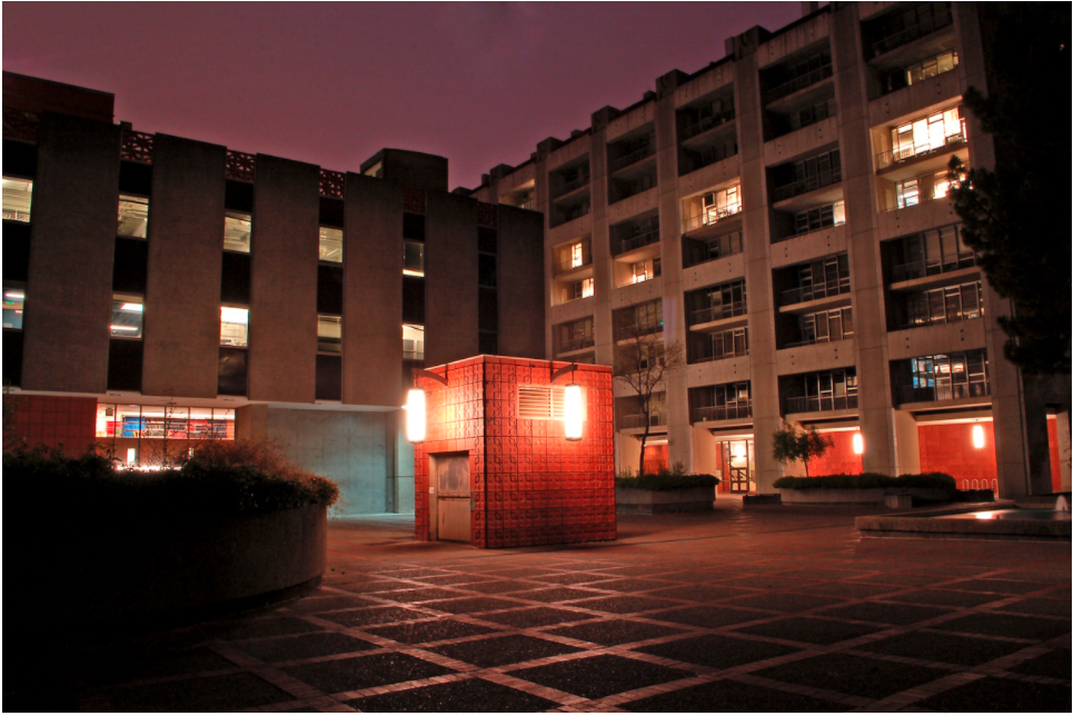 Chemistry Courtyard at night with red lighting
