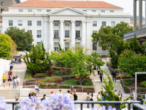 In front of Sproul Hall, wheelchair ramps were recently added to the connecting passageway between Upper and Lower Sproul Plaza.