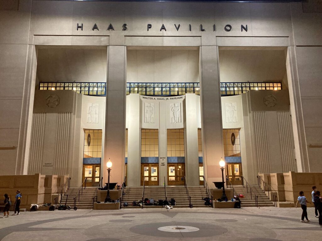 Perspective of Haas Pavilion with three sets of double doors divided by two pillars in the middle.