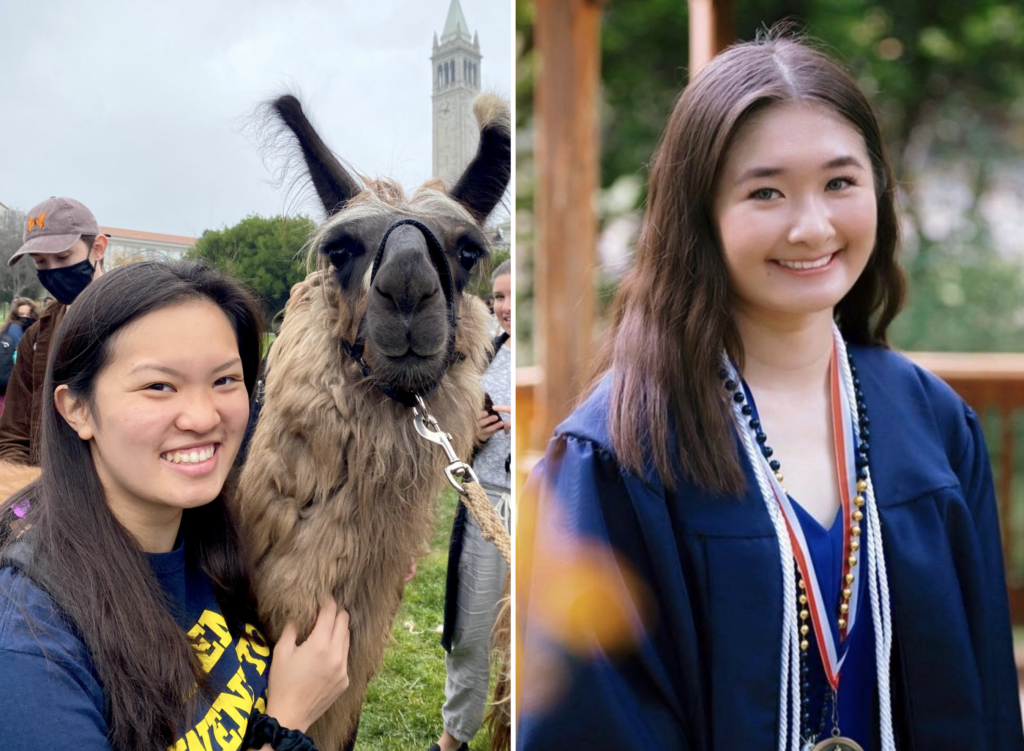 Allysa smiling next to a llama (left), Christine smiling in graduation wear (right).