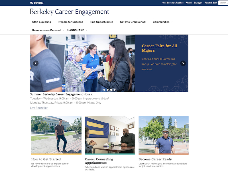 Screen capture of the Berkeley Career Engagement home page.