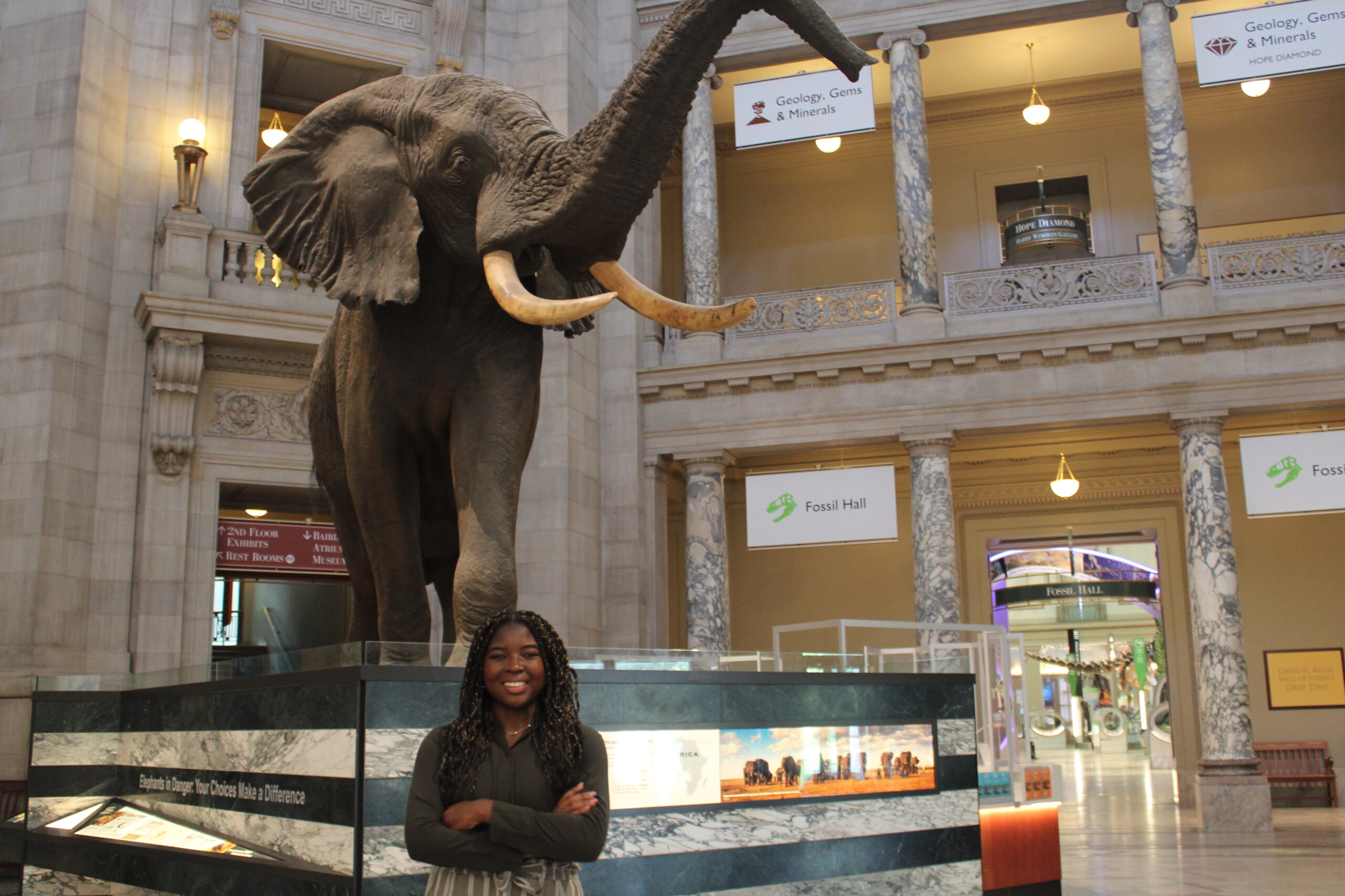 Daniella smiling with arms crossed in front of a large figure of Henry the elephant.