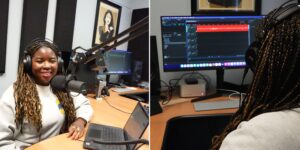 Daniella in front of a mic (left) and looking at a computer (right) at Ethnic Studies Changemaker Podcast Studio.