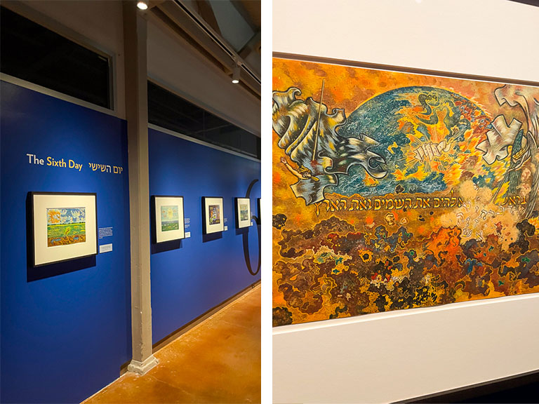A blue wall with framed art along it (left), and a dominantly orange painting depicting day one and six of creation (right)