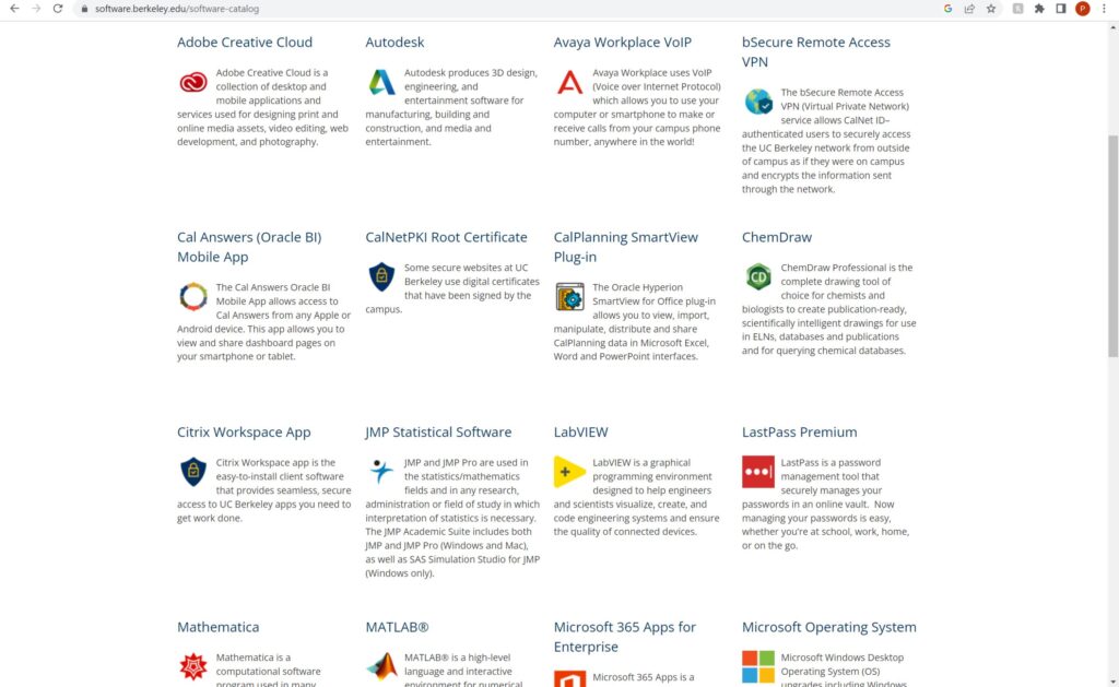  A screenshot of the creative programs offered to UC Berkeley students at software.berkeley.edu