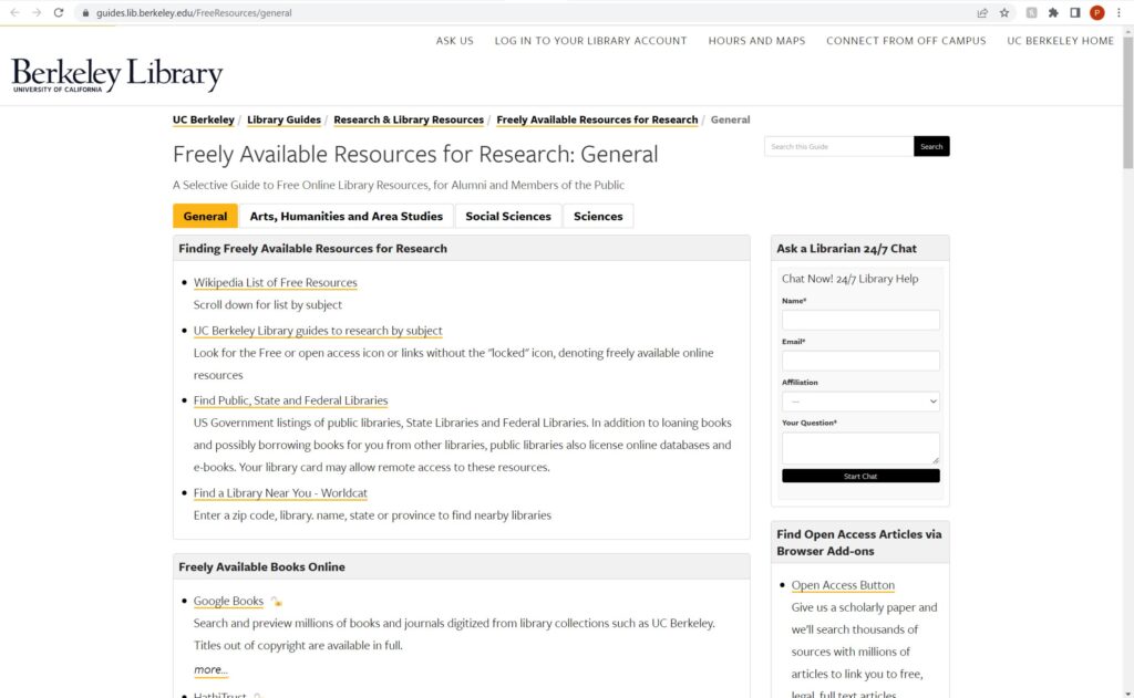  Screenshot of Freely Available Resources for Research from the UC Berkeley Library website.