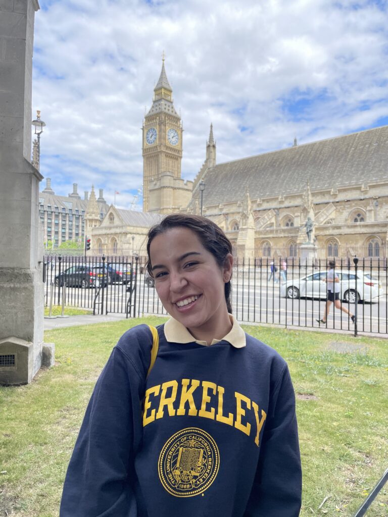 Vanessa in London, with Big Ben in the background