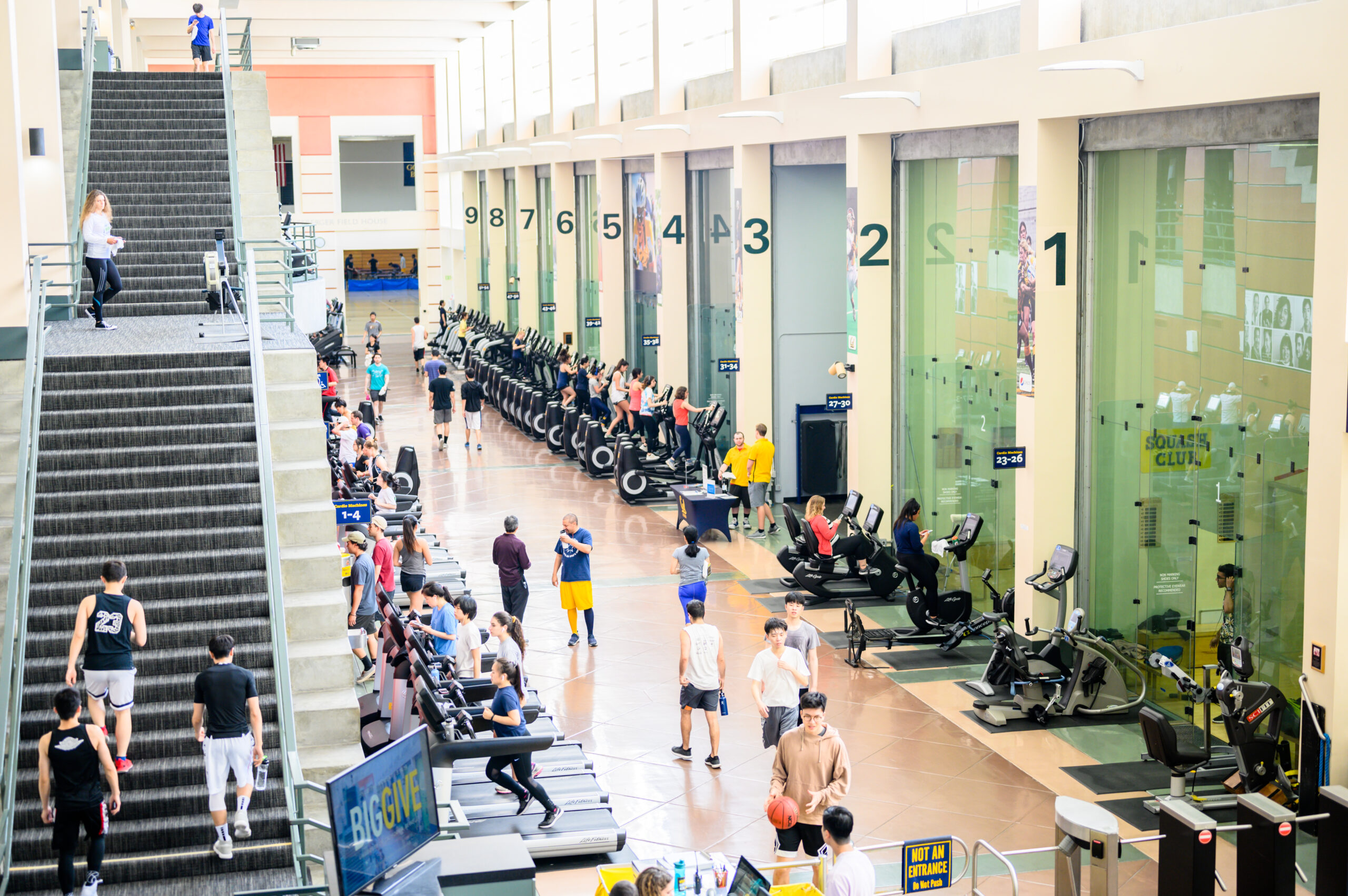 High-to-low view of the RSF with treadmills, stationary bikes, and stairs to the second floor.