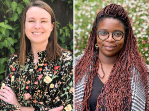A side-by-side collage of headshots of Katie Funderburg and Leïla Njee Bugha. On the left, Katie Funderburg smiles with arms crossed in front of a wall of vines. On the right, Leïla Njee Bugha smiles in a field of flowers.