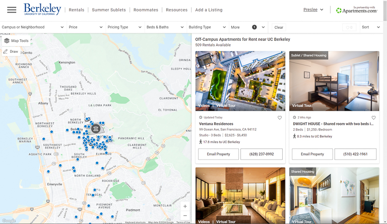 A screenshot of the Cal Rentals website homepage, with a map of Berkeley showing available units on the left and featuring some of those units on the right.