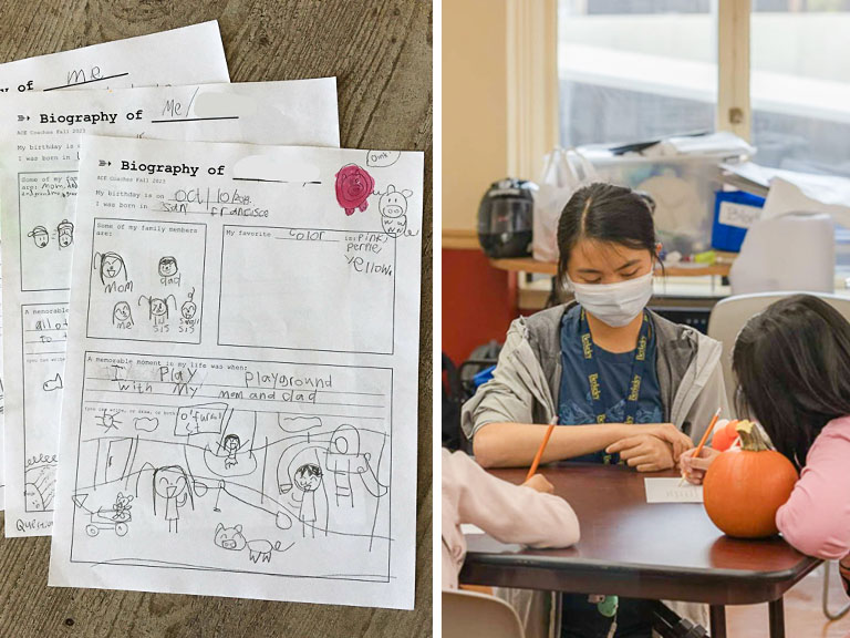 A collage of two images. The left image depicts an ACE coach helping two students working on worksheets. The right image depicts three student worksheets from the ACE Coaches program. 