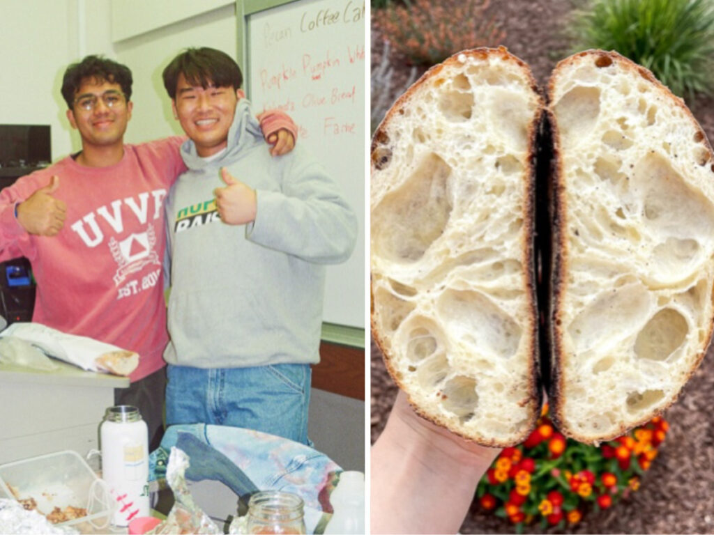 A collage of two images. The left image depicts a hand holding a loaf of sourdough bread cut in half.