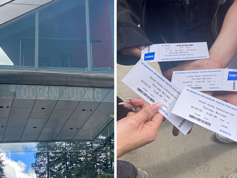 A collage of the outside of Berkeley Art Museum & Pacific Film Archive flashing the name “Ocean Vuong,” and hands holding tickets.