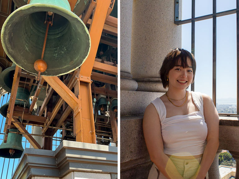 A collage of a close-up of the carillon within the Campanile and a student, Nina, smiling in the observation deck of the Campanile.