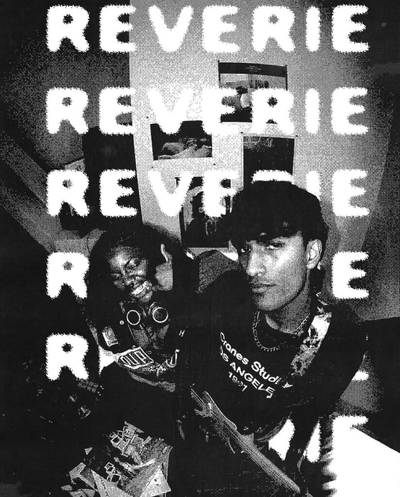 High-angle black and white composition of two students posing with rock instruments. Text overlaid reads "Reverie."