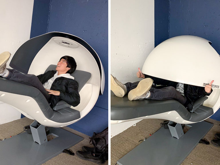 A collage of a student, Daniel, reclining in the Moffitt Library nap pod.