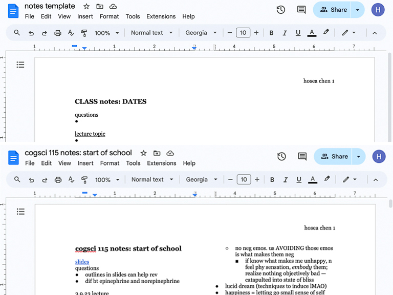 Google Drive documents of Hosea’s notes template and COGSCI 115 notes.