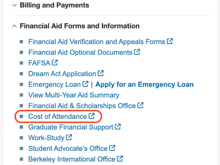 Screenshot of the CalCentral "My Finances" page, the “Financial Resources” dropdown section titled "Financial Aid Forms and Information.”