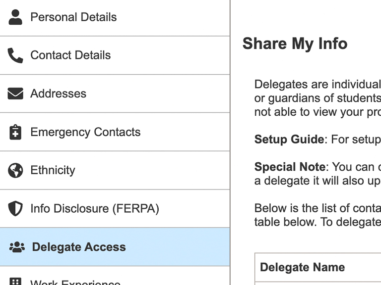 Screenshot of what the delegate access tab looks like on CalCentral.