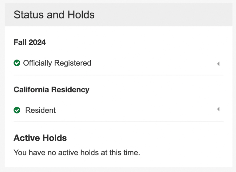 Screenshot of the "Status and Holds" section on CalCentral, showing no holds and thus an officially registered profile.