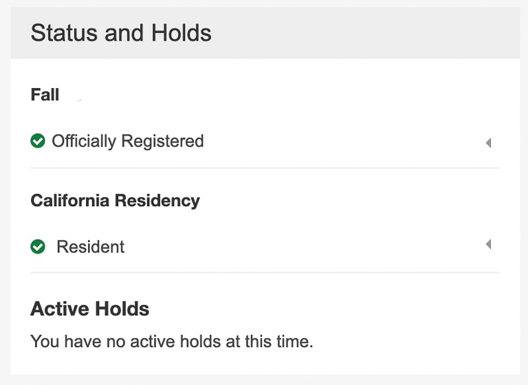Screenshot of the "Status and Holds" section on CalCentral, showing no holds and thus an officially registered profile.