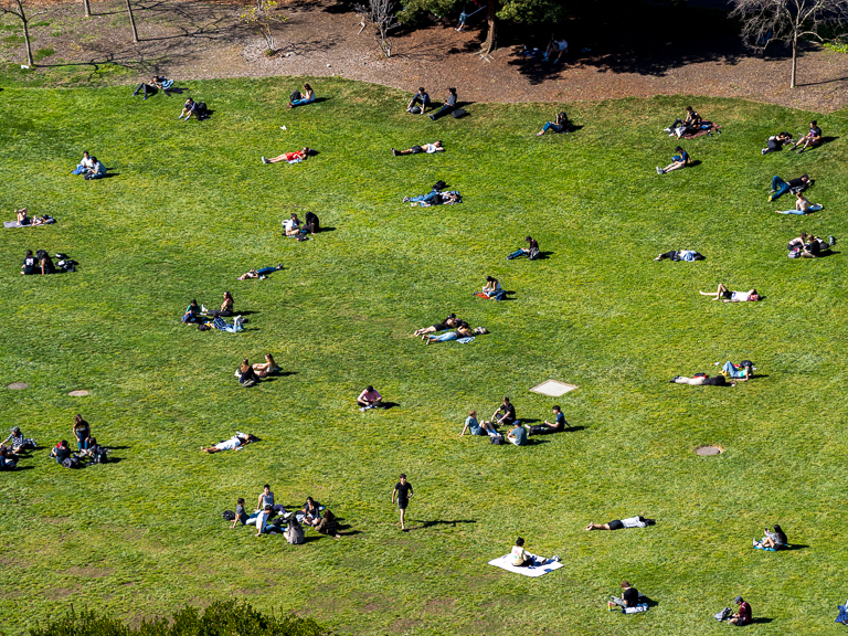 Students relax in the sun on UC Berkeley's Memorial Glade.