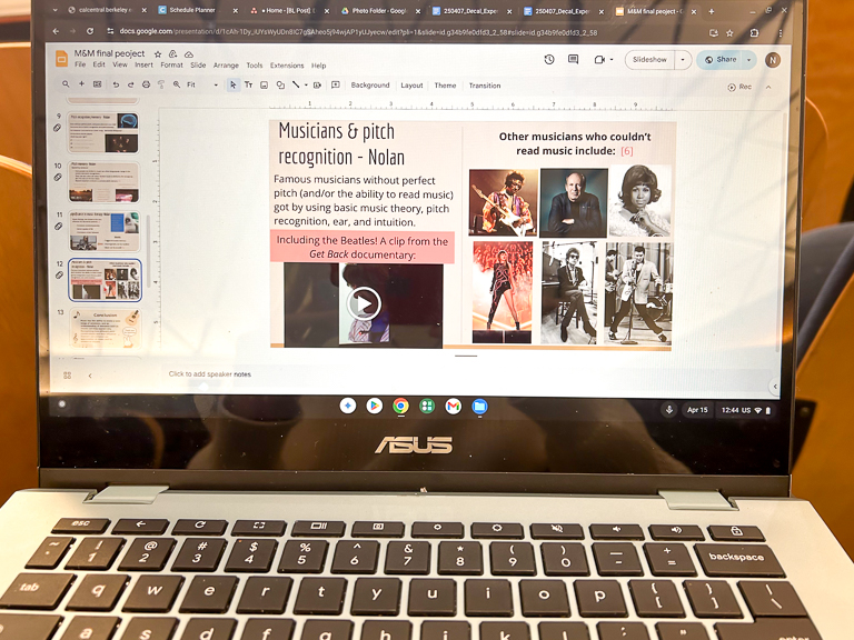 A picture of a computer screenn showing Nolan's presentation title slide for his DeCal class in Music & Medicine.